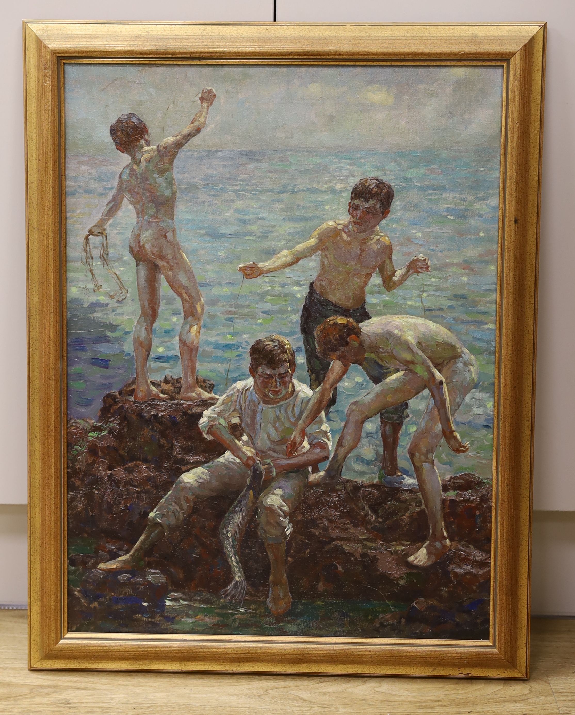 After Henry Scott Tuke, oil on canvas, Boys fishing along the shore, 60 x 45cm